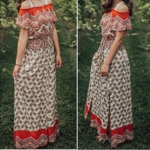 Patrons of Peace | Boho Red Aztec Floral Maxi Dress
